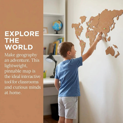Self Adhesive World Map Wall Chart 39.3 By 18 Inches Lightweight Pinnable Travel Map With 10 Push Pins on wall in room