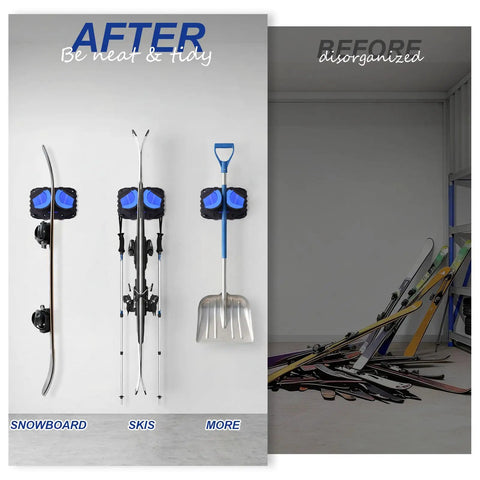 Beefy Ski And Snowboard Wall Mount With Self Locking Design For Garage Storage, showcasing organized skis, snowboard, and tools