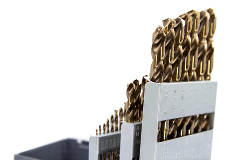 Close-up of 29 Piece M42 Cobalt Screw Machine Drill Bit Set Stub Tip 1/16 To 1/2 Inch Range With 64ths For Stainless Steel And Hard Metals