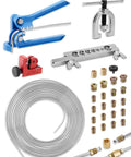 25 Ft Zinc Plated Brake Line Flaring Tool Kit With 3 In 1 Bender, 7 In 1 Flare Bar, Tube Cutter, Flaring Cone, 3/16 Inch Flaring Adapter, 2 Unions, And 20 Fittings for DIY projects.