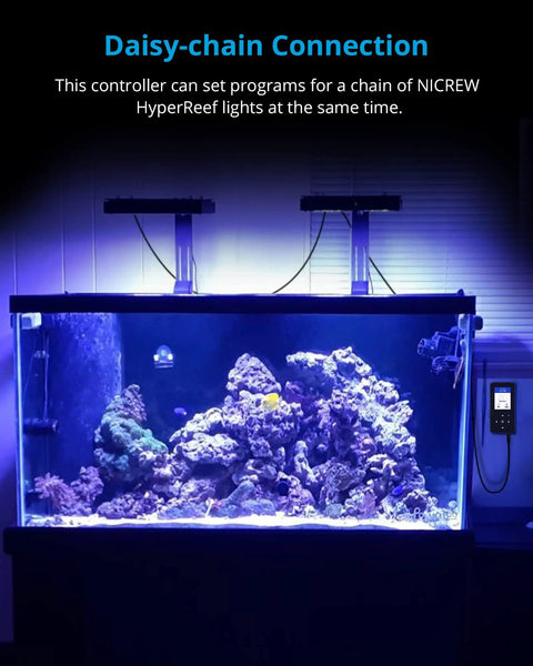Aquarium with Reef Light Controller and LED Timer for HyperReef 50 100 150 Gen 1, showing daisy-chain setup.