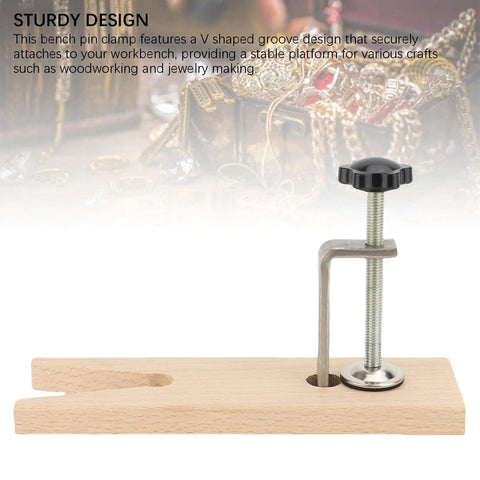 V Slot Bench Pin Clamp For Jewelry Making And Craft Projects Heavy Duty Stable Workbench Attachment showing metal clamp and beechwood base