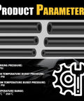 Diagram of Six Piece Five Foot Silicone Vacuum Hose Kit With Sizes From One Eighth To Three Eighths Inch Includes Twenty Four Hose Clamps And Sixty Four Connectors The Easy Automotive Vacuum Line Repair Set For DIY Projects And Car Maintenance showing pressure specifications and temperature range.