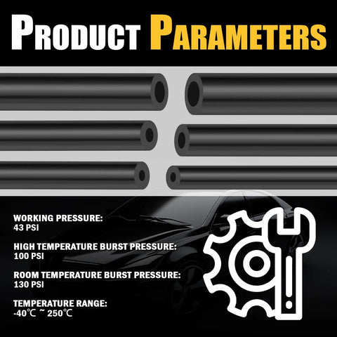 Diagram of Six Piece Five Foot Silicone Vacuum Hose Kit With Sizes From One Eighth To Three Eighths Inch Includes Twenty Four Hose Clamps And Sixty Four Connectors The Easy Automotive Vacuum Line Repair Set For DIY Projects And Car Maintenance showing pressure specifications and temperature range.