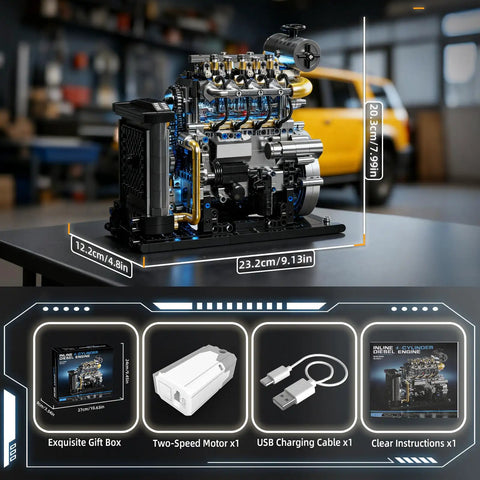 Ultra Realistic Inline 4 Cylinder Diesel Engine Kit With Motor For Adults And Teens, Lego Compatible MOC Building Set dimensions.
