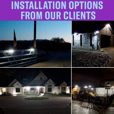 Four images showing Crazy Bright Solar Motion Sensor Lights Outdoor With 298 LEDs Producing 2500 Lumens on walls and pathways