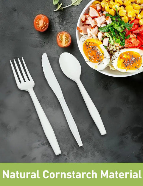 100% Compostable Heavy Duty Flatware Set, 200 Count No Plastic Spoons And Utensils For Lounge Parties Weddings Office BBQ Picnic Camping