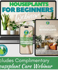 Devices displaying houseplant care webinar promotion with laptop, tablet, phone showing different content on houseplant care.