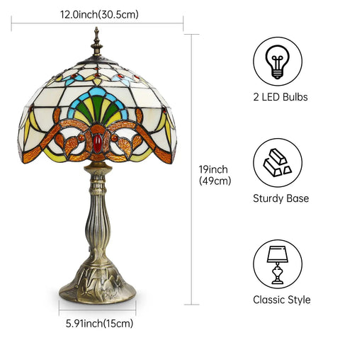 Tiffany Style Yellow Stained Glass Table Lamp With LED Bulbs, Vintage Baroque Desk Lamp For Bedroom Living Room And Home Office, 12x12x19 Inches, features measurements and details.