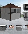 Front view of 10x10 Outdoor Gazebo Privacy Curtain Set With 4 Panels Waterproof Sidewalls With Zippers And Hidden Mesh Windows Ideal For Backyard Garden Patio And Outdoor Hangouts showing features.