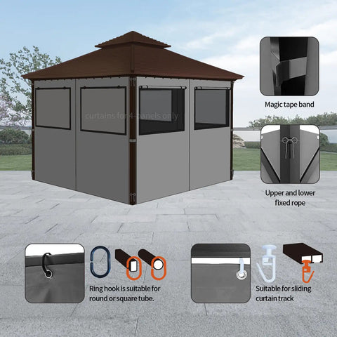 Front view of 10x10 Outdoor Gazebo Privacy Curtain Set With 4 Panels Waterproof Sidewalls With Zippers And Hidden Mesh Windows Ideal For Backyard Garden Patio And Outdoor Hangouts showing features.