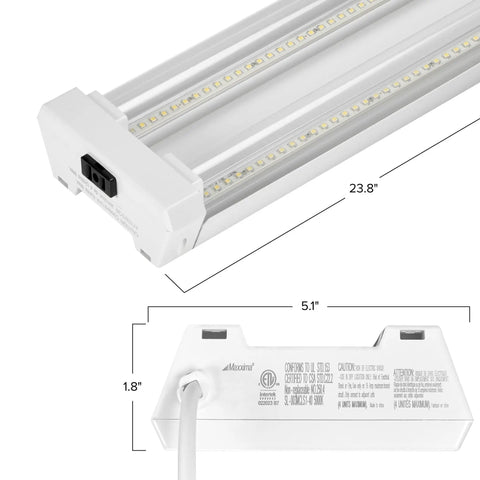 2 Ft LED Shop Light Fixture For Garage And Workshop, 20W, 2500 Lumens, 5000K Daylight, dimensions and plug detail