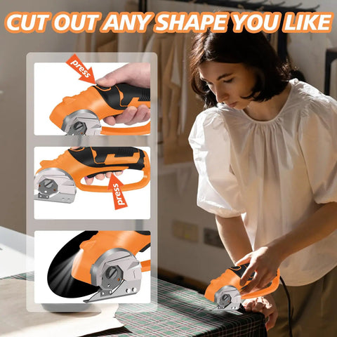 Hassle Free Cordless Electric Scissors Rechargeable Box Cutter With Led Light And Safety Lock For Fabric Leather Carpet Crafting in use.