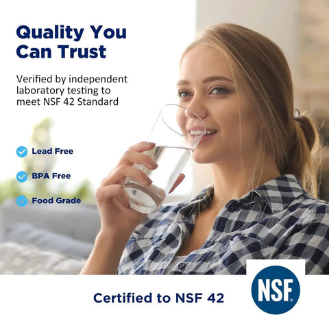 Woman enjoying clear water from a glass, demonstrating quality assurance for Top Shelf Inline Carbon Water Filter Kit For Refrigerator And Ice Maker With Hassle Free Hookup For Rv Sink Faucet And Ro Systems Step Up Your Home Set Up And Enjoy Smooth Pure Water Any Way You Want It.