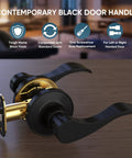 Traditional Wave Style Reversible Door Lever Set for Interior Doors and Closets, Matte Black Privacy Finish shown on table.