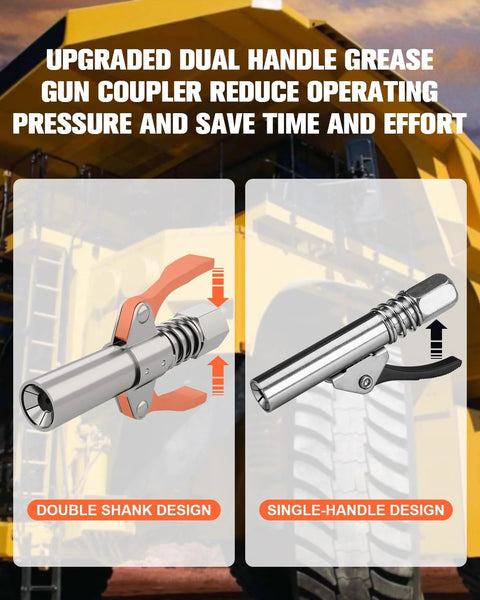 Grease gun coupler; left panel shows double-shank design with orange lever, right panel shows single-handle design.