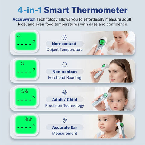 Forehead And Ear Thermometer For Adults Kids And Baby One Push Button Quick Readings Clinically Accurate And Reliable Magnetic Probe Cover Easy To Use Digital Thermometer For The Whole Fam. 4-in-1 non-contact thermometer for forehead, ear, and object use with child and adult readings