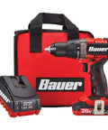 20V Hypermax Lithium Drill Driver Kit with half inch chuck, two speed selector, and all metal gear next to charger and carrying case