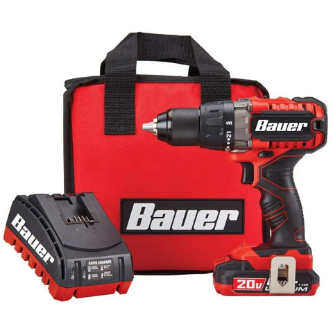 20V Hypermax Cordless Drill Driver Kit with half inch chuck, two-speed hammer drill, all-metal gear, and red carrying case