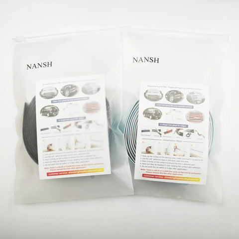 Two clear NANSH bags containing glossy black automotive molding trim rolls for bumper, window and door, 16 ft, 1 in wide.