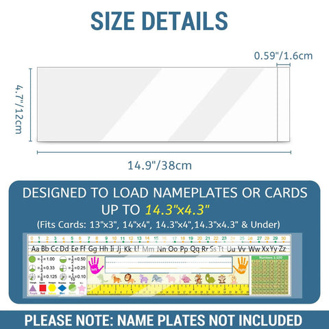 Thick Clear Desk Name Tag Pockets Set Of 40 With Stays Put Adhesive Backing, 14.9 By 4.7 Inches, size details illustration