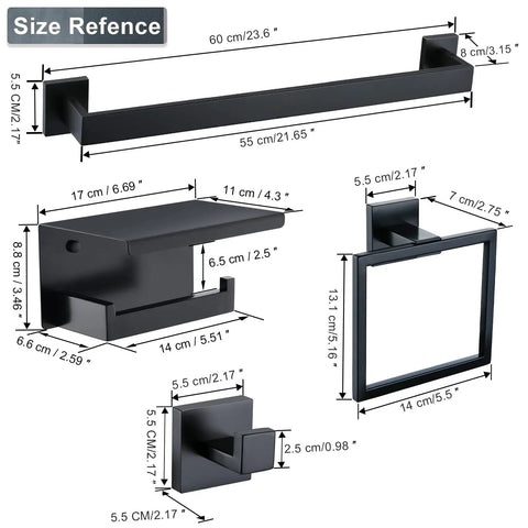 Matte Black 4 Piece Stainless Steel Towel Bar Set For Bathrooms Wall Mounted Hardware Kit With Towel Rack Robe Hook And Toilet Paper Holder Rust Resistant SUS304 Bath Accessories dimensions chart