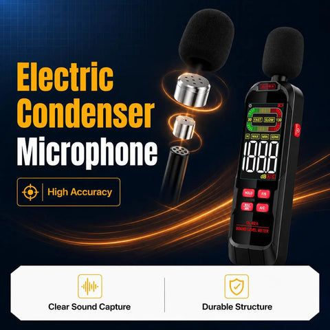 Digital Sound Level Meter With 30 To 130 dB Range A And C Weighting Fast Or Slow Response Max Min Data Hold Color Backlit Display Ideal Noise Meter For Home Office Shop Floor And Neighbor Noise Checks, handheld black plastic with condenser microphone