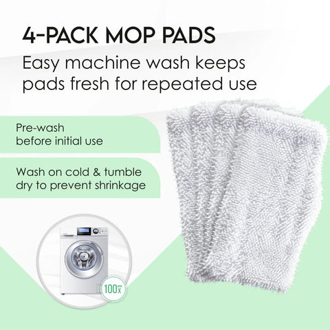 Microfiber 4 Pack Mop Pads For Shark Steam Mops SK And S Series Replacement Pads with washing instructions and washing machine image