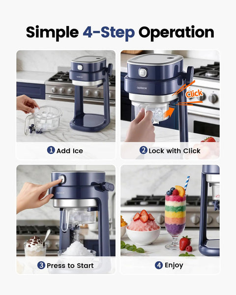 Oplace Home Shaved Ice Machine Electric Snow Cone Maker With Auto Press Button And Blade Adjustment For Slushies Bingsu Quick Ice Crushing One-Press Operation Blue Compact Design shown in 4-step operation images.