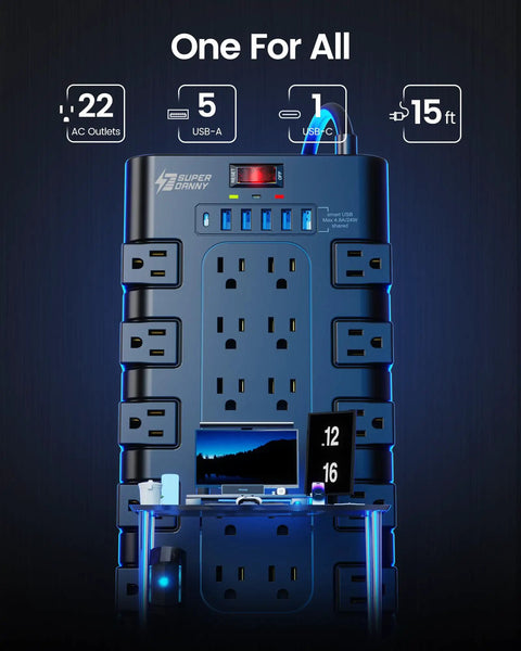 28 In 1 Power Strip Surge Protector With 22 AC Outlets And 6 USB Ports, 1875W 15A, black unit displaying usage and features