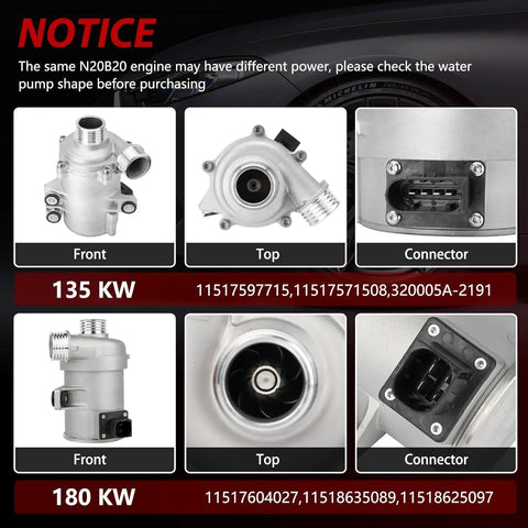 Heavy Duty Electric Engine Water Pump With Aluminum Thermostat For BMW Models showing front, top views and connector details.