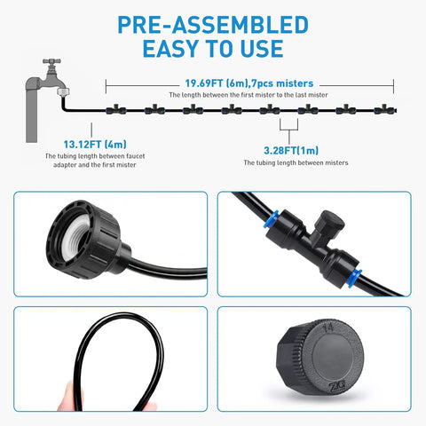Diagram showing 32 Foot Outdoor Misting Kit With Rustproof Nozzles Preassembled Seven Head Mister System Three Quarter Inch Adapter.