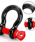 Close-up of Heavy Duty 4 Pack Five Eighth Inch D Ring Shackle With Three Quarter Inch Pin 3.25 Ton Capacity 7165 Lbs Ideal For Tow Straps Winches Off Road Vehicle Recovery, featuring black shackle with red pin.