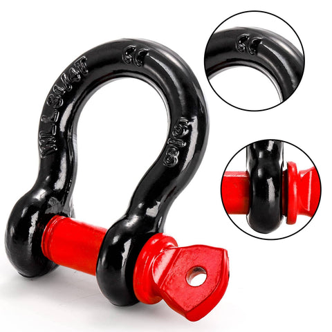 Close-up of Heavy Duty 4 Pack Five Eighth Inch D Ring Shackle With Three Quarter Inch Pin 3.25 Ton Capacity 7165 Lbs Ideal For Tow Straps Winches Off Road Vehicle Recovery, featuring black shackle with red pin.