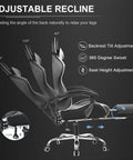 Diagram of All Day Comfort Gaming Chair With Footrest And Lumbar Support, Height Adjustable, 360 Degree Swivel Seat features.