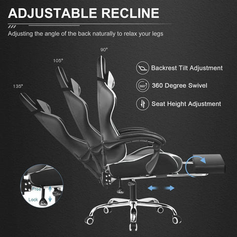 Diagram of All Day Comfort Gaming Chair With Footrest And Lumbar Support, Height Adjustable, 360 Degree Swivel Seat features.