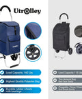 Blue ultra lightweight foldable grocery cart with 42L capacity, rugged aluminum frame, rubber wheels, removable insulated bag liner.