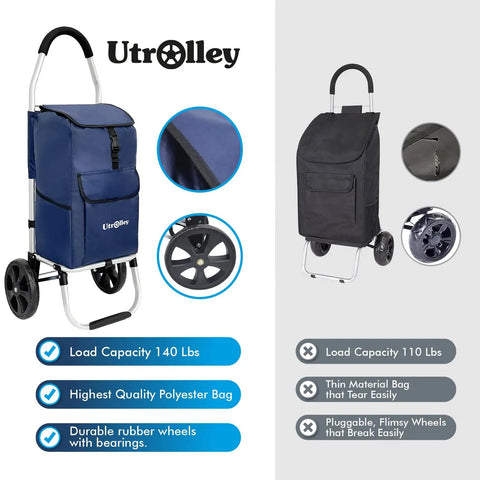Blue ultra lightweight foldable grocery cart with 42L capacity, rugged aluminum frame, rubber wheels, removable insulated bag liner.