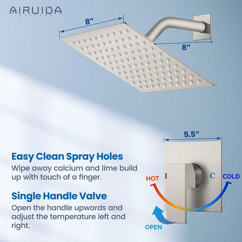 Brushed Nickel Rain Shower System With 8 Inch Square Showerhead, All In One Single Function 1 Handle Trim Kit, wall mount
