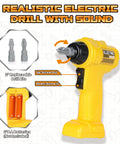 Kids Tool Bench With Electric Drill And Construction Vehicles 2 In 1 Workbench And Toolbox For Ages 3 To 5 STEM Learning Toys Kid Friendly Safe Non Toxic Plastic Great Birthday Gift For Boys And Girls featuring yellow electric drill with replaceable bits and battery compartment