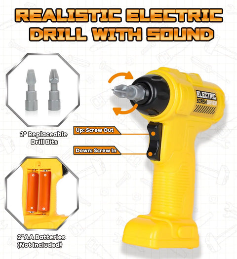 Kids Tool Bench With Electric Drill And Construction Vehicles 2 In 1 Workbench And Toolbox For Ages 3 To 5 STEM Learning Toys Kid Friendly Safe Non Toxic Plastic Great Birthday Gift For Boys And Girls featuring yellow electric drill with replaceable bits and battery compartment