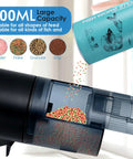 Close-up of 200ML Smart Wireless Fish Feeder With App Control and Timer dispensing colorful fish food granules.