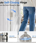 Heavy Duty 4 Inch Satin Nickel Self Closing Door Hinges Featuring Tough As Nails Adjustable Tension And Knockout Auto Close Action close-up with adjustable spring tension.
