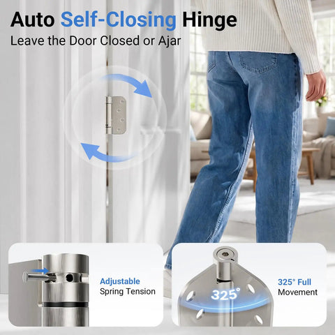 Heavy Duty 4 Inch Satin Nickel Self Closing Door Hinges Featuring Tough As Nails Adjustable Tension And Knockout Auto Close Action close-up with adjustable spring tension.