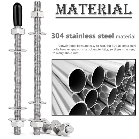 Two Piece M6x250mm Fully Threaded Rod Set In 304 Stainless Steel With Lock Nuts Flat Washers And Rubber End Caps For Anchor Bolts Clamps Hangers And U-Bolts Heavy Duty Hardware Kit featuring rods, nuts, washers, and end caps in stainless steel.