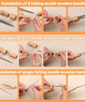 Installation guide for 8, 3, and single felting needle wooden handles in Needle Felting Kit With 127 Pcs Needles In Four Gauges 42 40 38 36