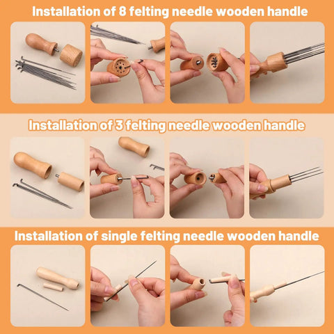 Installation guide for 8, 3, and single felting needle wooden handles in Needle Felting Kit With 127 Pcs Needles In Four Gauges 42 40 38 36