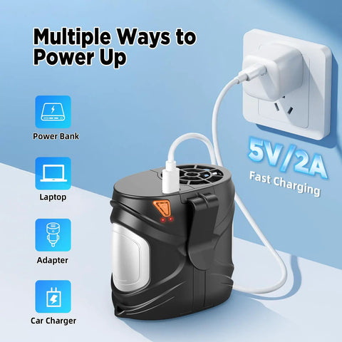 Wearable Belt Fan With 16K RPM Turbo Airflow, Six Speed Rechargeable Waist Clip Fan showing multiple charging options and fast charging