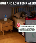 Bluetooth Thermometer Hygrometer With 260 Foot Range Easy App Pairing Wireless Temperature And Humidity Monitor For Home Office Or Garage Battery Powered Real Time Alerts Compatible With iPhone And Android showing a bedroom alert