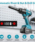 3 In 1 Cordless Rivet Nut Drill Gun with 4000mAh battery displayed on a workbench